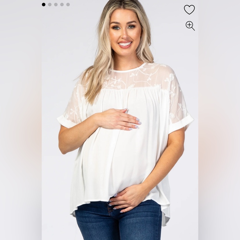 White Floral Embroidered Maternity Blouse Size Medium